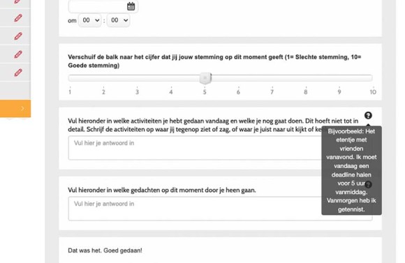 Screenshot van de tool Stemmingsmeter van NewHealth. Hier vult de cliënt de meetmomenten in.